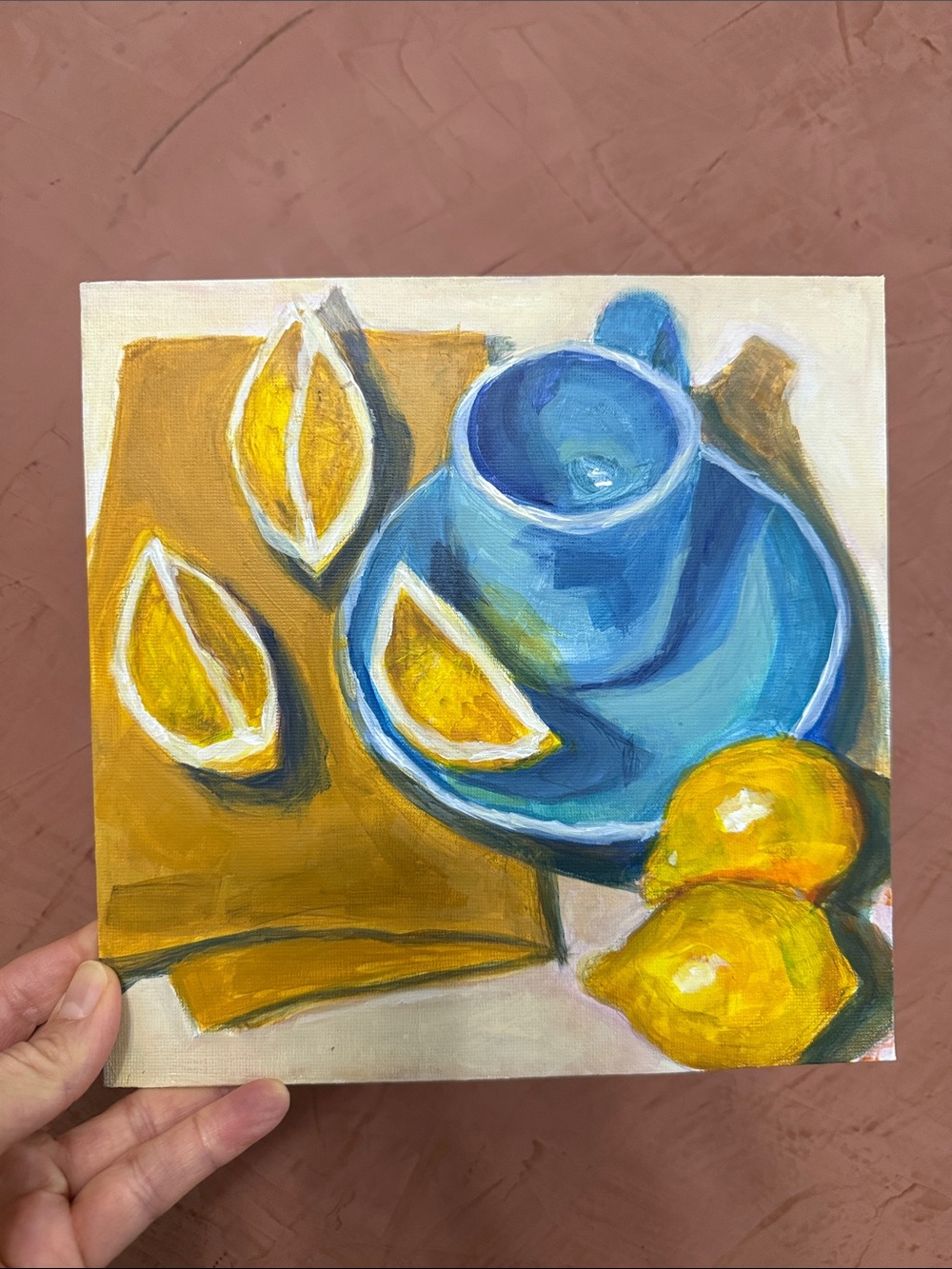 Hand-Painted Still Life Art Print - Blue Cup & Yellow Lemons